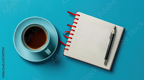 Cup of coffee and notepad with pen, top view.