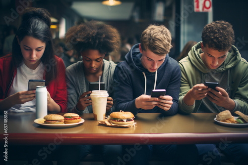Group of multicultural friends using smartphone at restaurant - Multiracial teens using mobile smart phone at fast food bar - Technology addiction concept - Generative AI