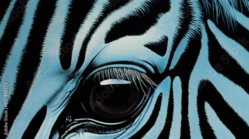  a close up of a zebra s eye with black and white stripes.  generative ai