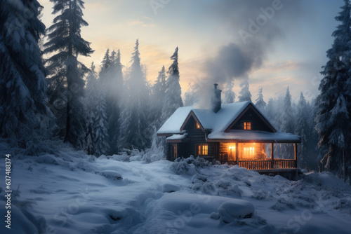Cozy cabin in winter with smoke from chimney