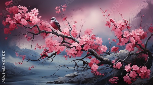  a painting of a bird sitting on a branch with pink flowers.  generative ai