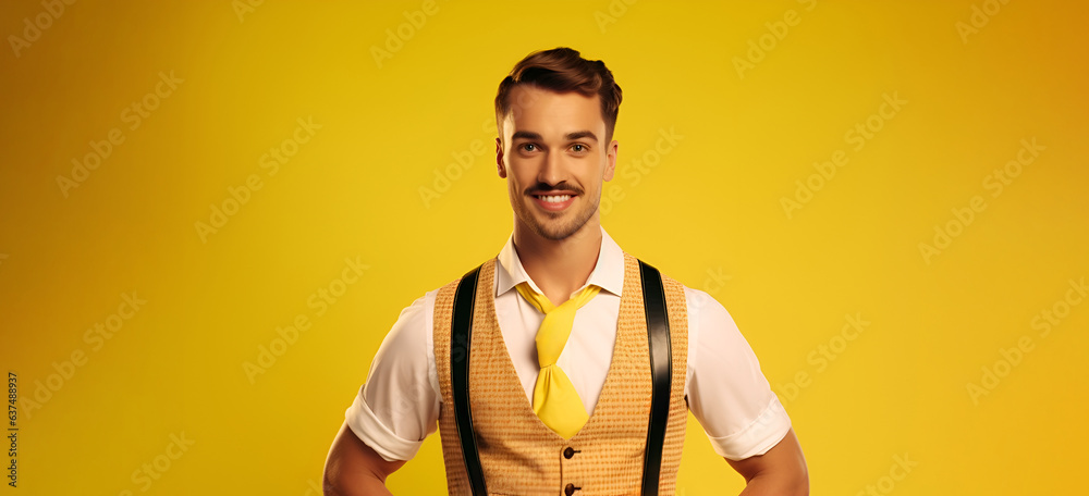 Oktoberfest man in traditional clothing lederhosen isolated on yellow background. Oktoberfest man in traditional clothing lederhosen isolated on yellow background.