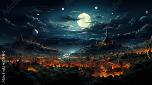  a painting of a city at night with a full moon.  generative ai © Anna