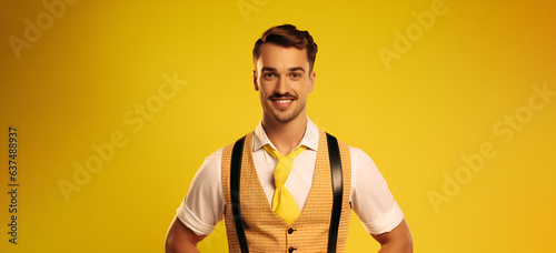 Oktoberfest man in traditional clothing lederhosen isolated on yellow background. photo