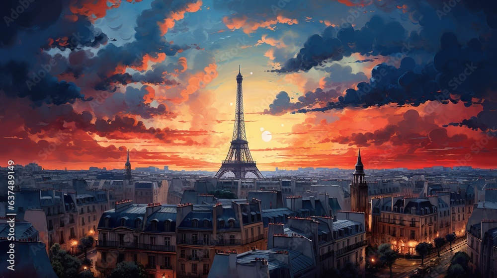  a painting of the eiffel tower in paris at sunset.  generative ai