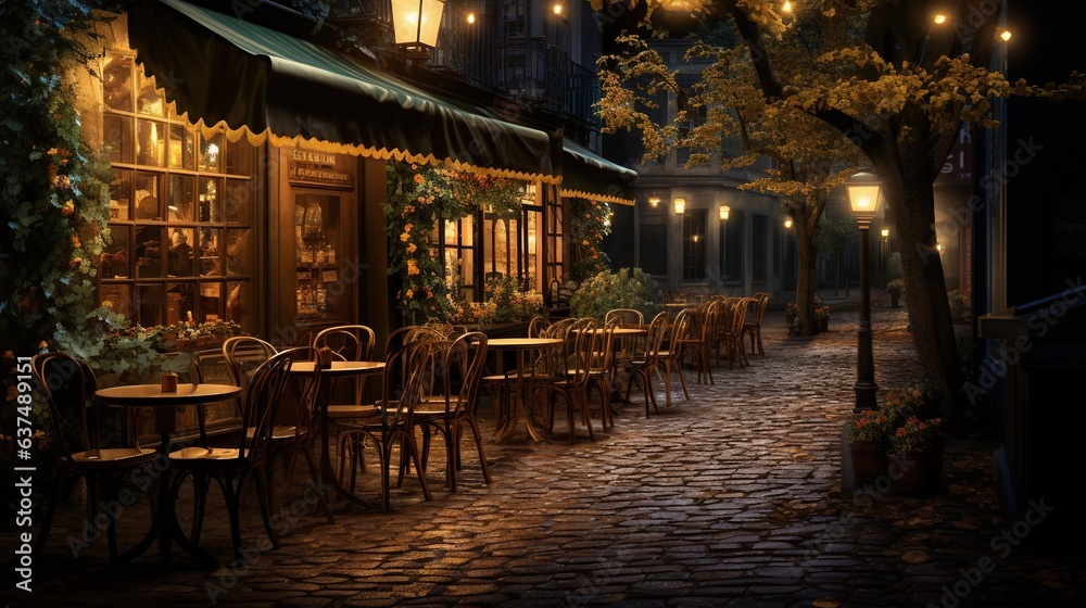  a cobblestone street lined with tables and chairs at night.  generative ai