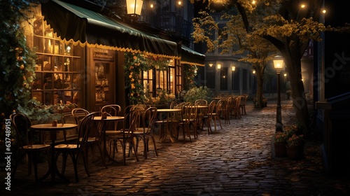  a cobblestone street lined with tables and chairs at night. generative ai
