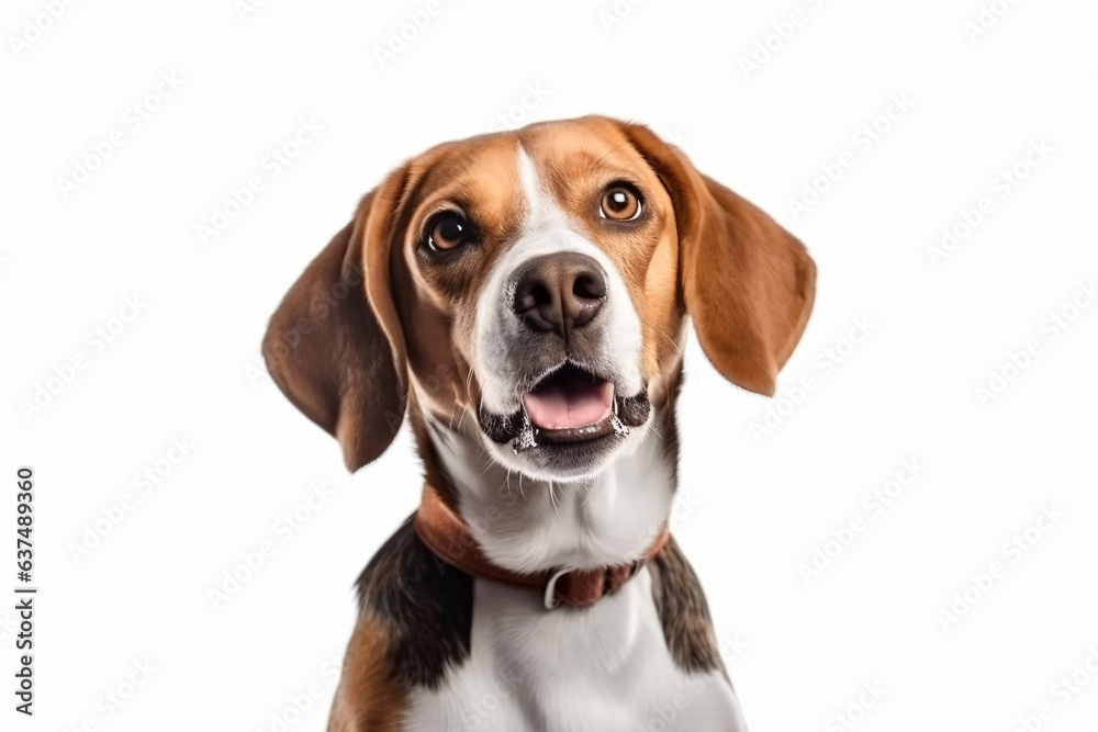 a dog is sitting on a table with a white background