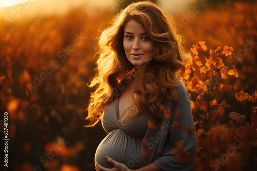 A pregnant woman is standing in a field of orange leaves at sunset. 
