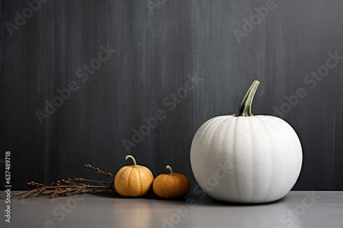 Белые и оранжевые тыквы на фоне серой стены, минимальная ретушь, мрамор