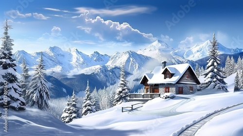  a snowy mountain scene with a cabin in the foreground. generative ai