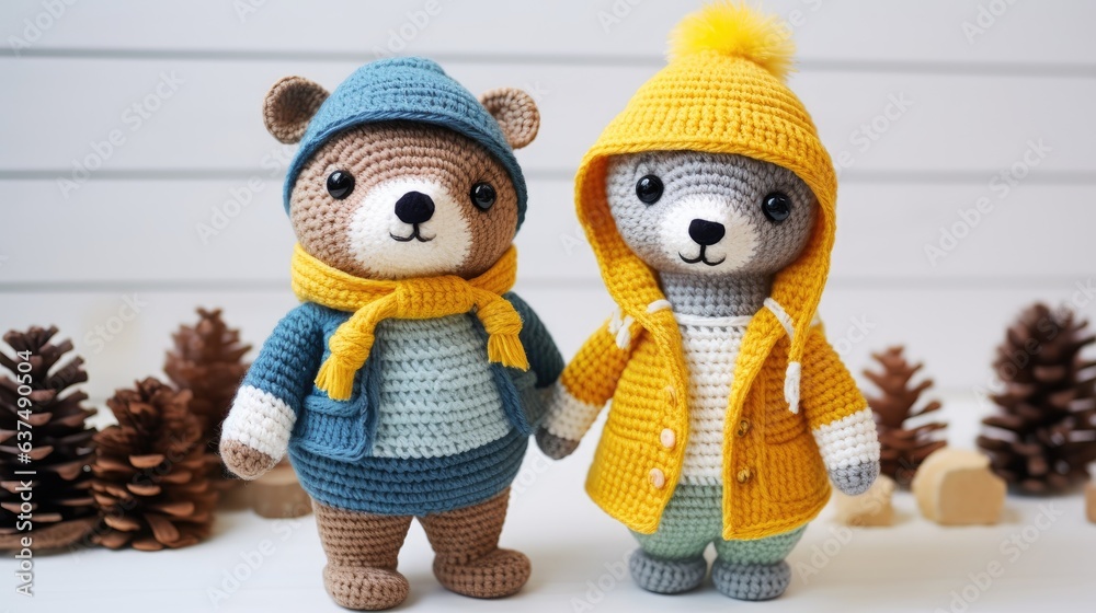 Knitted bear toy. Handmade knitted toy created with Generative AI technology.