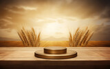 Empty wooden table with wheat on the background
