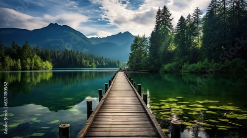  a dock on a lake surrounded by trees and mountains in the background. generative ai