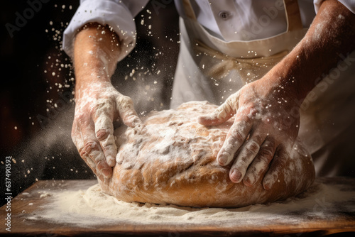 Bakers hands that are making a bread with flour all around