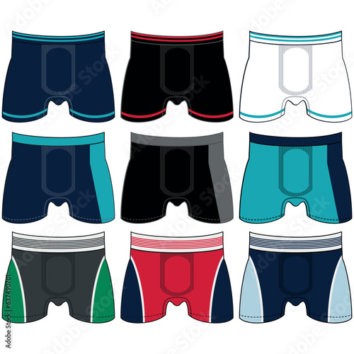Men's underwear changes flat vector icons. Collection of modern clothing styles for men. Front view. Underwear design elements. Classic boxers, trunks, bikini, strings, thong
