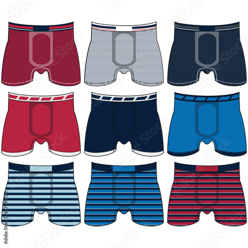 Men's underwear changes flat vector icons. Collection of modern clothing styles for men. Front view. Underwear design elements. Classic boxers, trunks, bikini, strings, thong