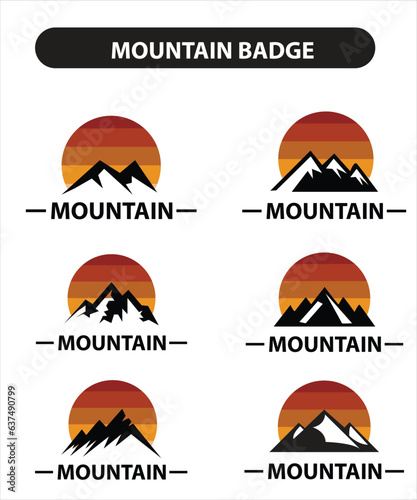 Set of nine mountain travel emblems. Camping outdoor adventure emblems, badges and logo patches. Mountain tourism, hiking. Forest camp labels in vintage style