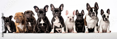 Group of sitting dogs of different breeds on a white background