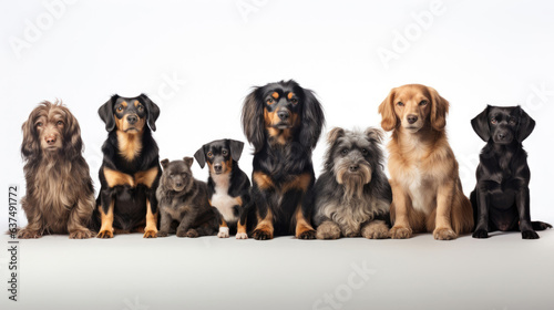 Group of sitting dogs of different breeds on a white background