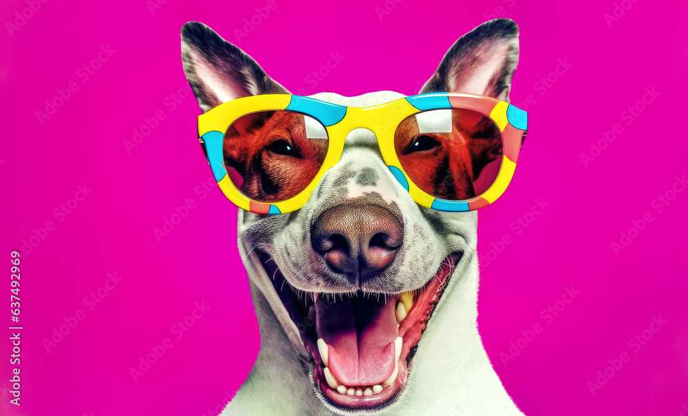 happy and fun bullterrier dog with glasses. Funny and smiling bull terrier dog wearing eyeglasses on pink background. generative ai