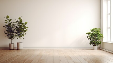 Empty white room with a wooden floor and plants.