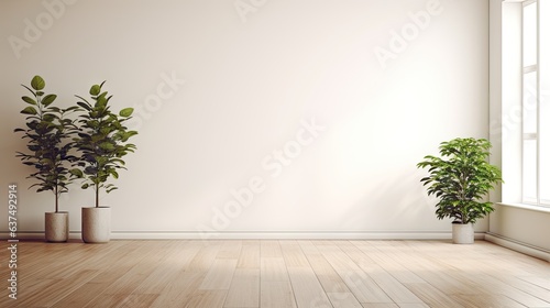 Canvas Print Empty white room with a wooden floor and plants.