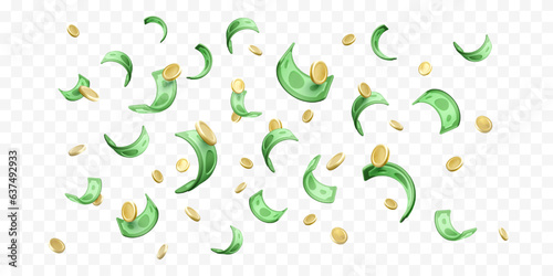 Falling money. 3D cartoon gold coins and green paper currency. Financial success concept. Casino profit jackpot. Vector photo
