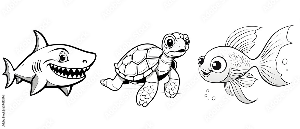 Sea animal drawing for kids : shark, turtle, fish Sea animal drawing for kids : shark, turtle, fish