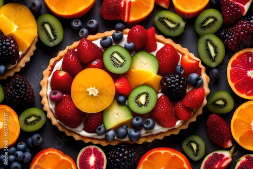 Produce an artistic representation of an exotic fruit tart with an assortment of tropical fruits