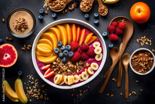 an image of a fruit smoothie bowl topped with granola, chia seeds, and sliced fruits