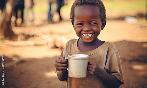 Laughing child in Africa close-up with mug of water. Drought, lack of water problem