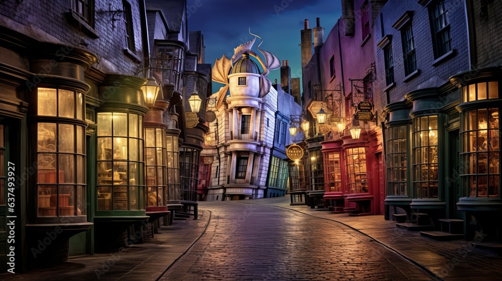 Obraz premium diagon alley of old magic town of wizards, street lights, shop signs