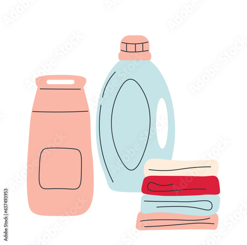 Washing powder and washed linen. Powder and fabric softener. Home hygiene products in packaging. Housework. Folded clean clothes on white isolated background. Flat vector illustration.