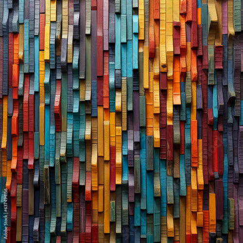 Artistic colorful wall of wood textures with a striped pattern, colorful wooden sticks, rustic texture.