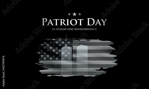 Patriot Day. Silhouettes of Twin Towers on the background of black and white US flag. National Day of Prayer and Remembrance for Victims of Terror Attacks September 11, 2001