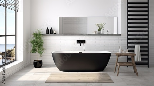 Scandinavian style a luxury bathroom with white walls  black tiled floor  white bathtub  shower  double sink  and a small horizontal window.