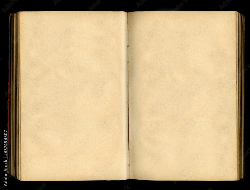 Turn of yellowed pages, old vintage open book isolated on black background
