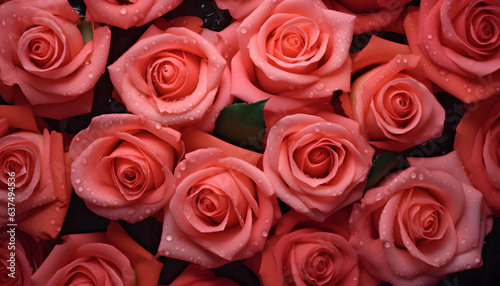 Top view Roses flowers fresh seamless background visible drops of water