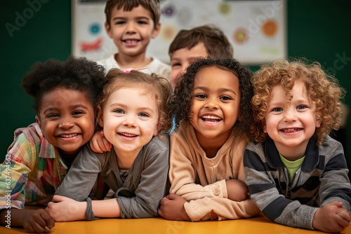 Stacked Kindergarten students pose for casual portrait, smiling. Photo generative AI