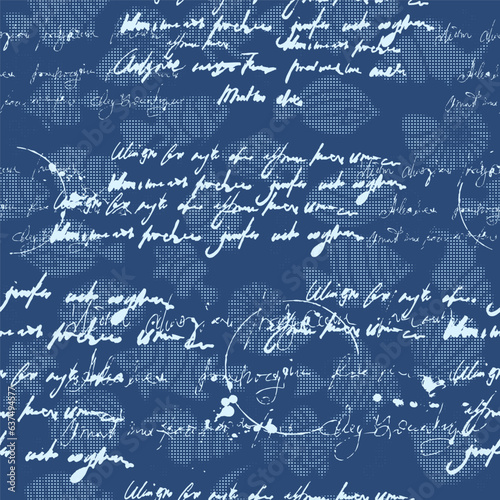 Tropical fishes seashell silhouette style seamless pattern, unreadable text, handwritten text, halftone dots