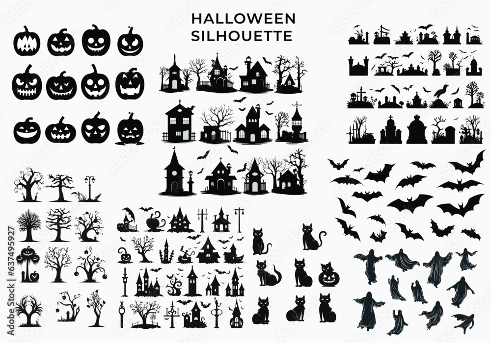  Halloween silhouette Image. halloween silhouette Art .witch house,pumpkin,cat silhouette,grave,bats for design element .