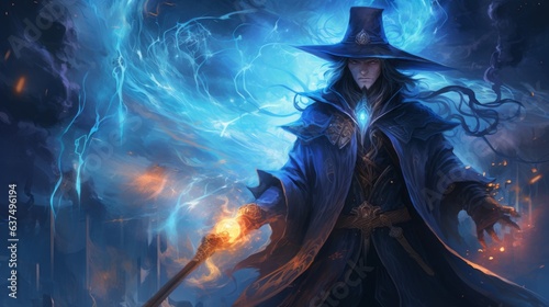 man with hat and gun in hand, fantasy art, blue fire powers, male evil sorcerer, elementalist full length portrait photo