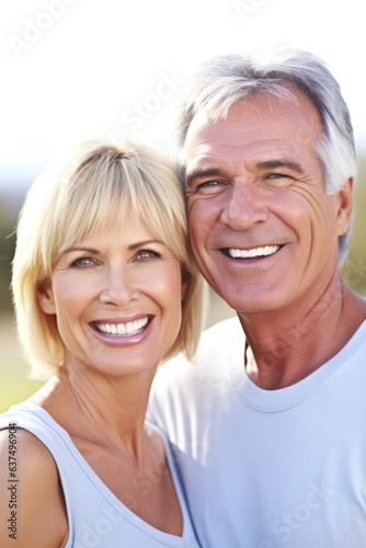 portrait of a mature woman smiling while standing outside with her husband