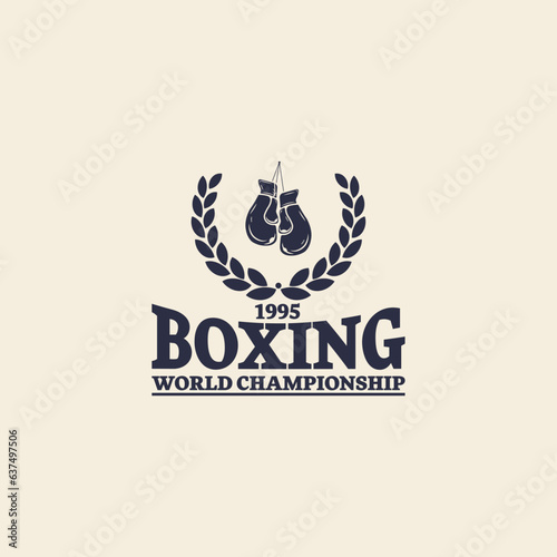 Boxing club badge, logo design. Vector illustration. For Boxing sport club emblem, sign, patch, shirt, template. Vintage monochrome label, sticker with Boxer, gloves.