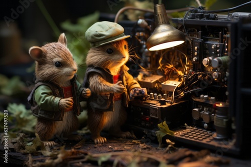 Two chipmunk or ground squirrels fixing a radio in the forest