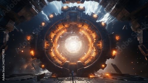 Slika na platnu Return to Titan's Gate / 3D illustration of a sci-fi heavy armored battlecruiser