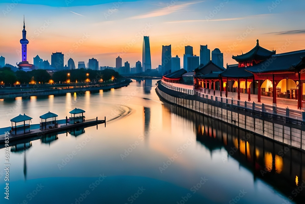 Immerse yourself in the captivating beauty of the Nanjing Qinhuai River scenery, as captured by the talented photographer 昊 周. The scene unfolds along the riverbanks, where historic architecture.