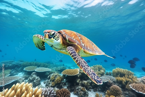 a turtle swimming over a coral reef with a lot of fish