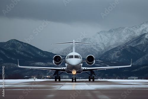 Private jet airplane is waiting for flight on runway with mountains on background